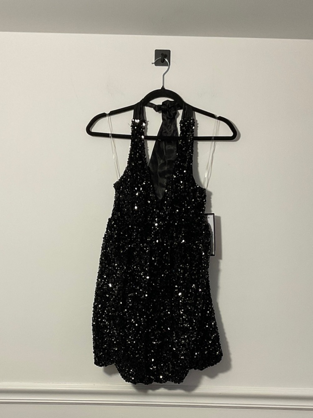 Emerald Sundae Black Sequin Halter Mini Dress